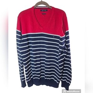 Tommy Hilfiger women's blue,white,red long-sleeved v-neck sweater size XL